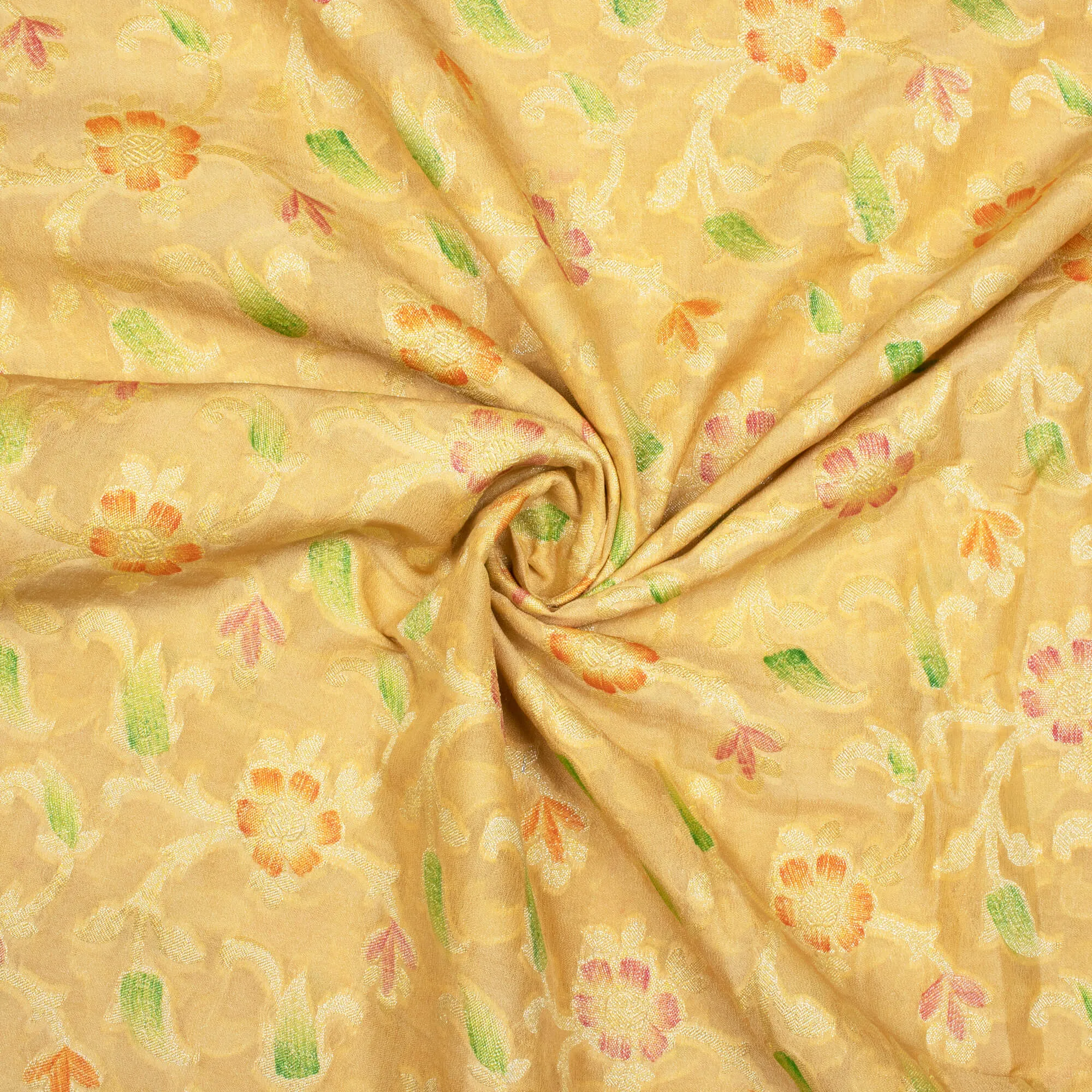 Wheat Beige And Red Floral Pattern Zari Jacquard Banarasi Chiffon Satin Fabric