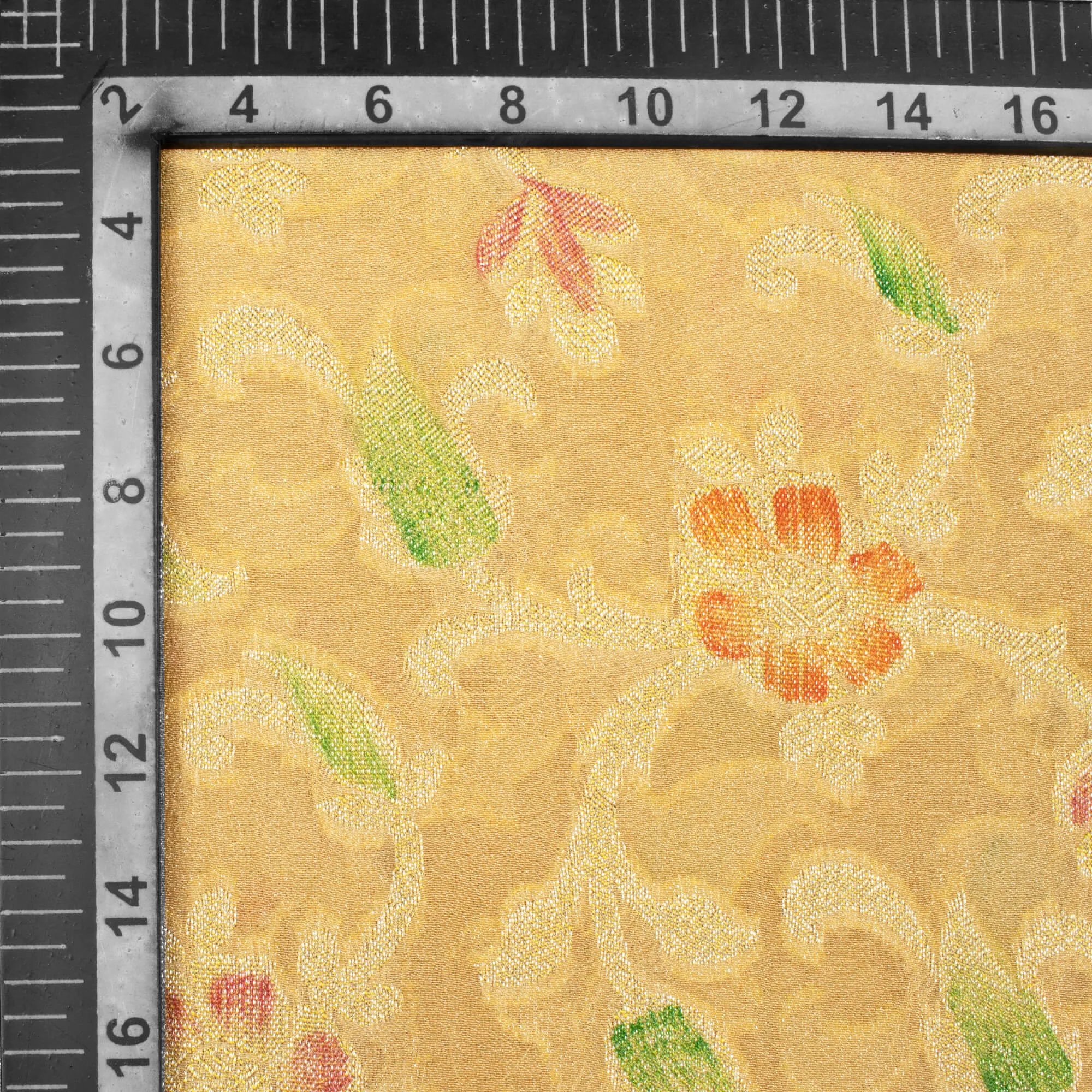 Wheat Beige And Red Floral Pattern Zari Jacquard Banarasi Chiffon Satin Fabric