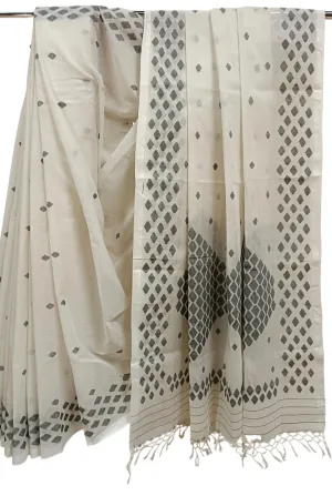 White & Black Handloom Handwoven Cotton Jamdani Saree