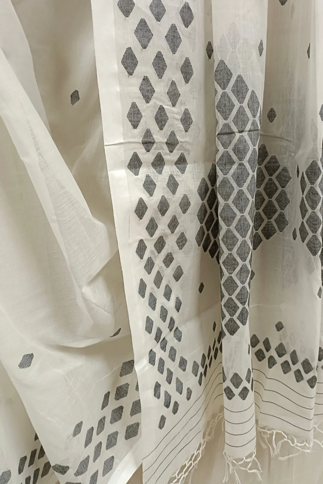 White & Black Handloom Handwoven Cotton Jamdani Saree