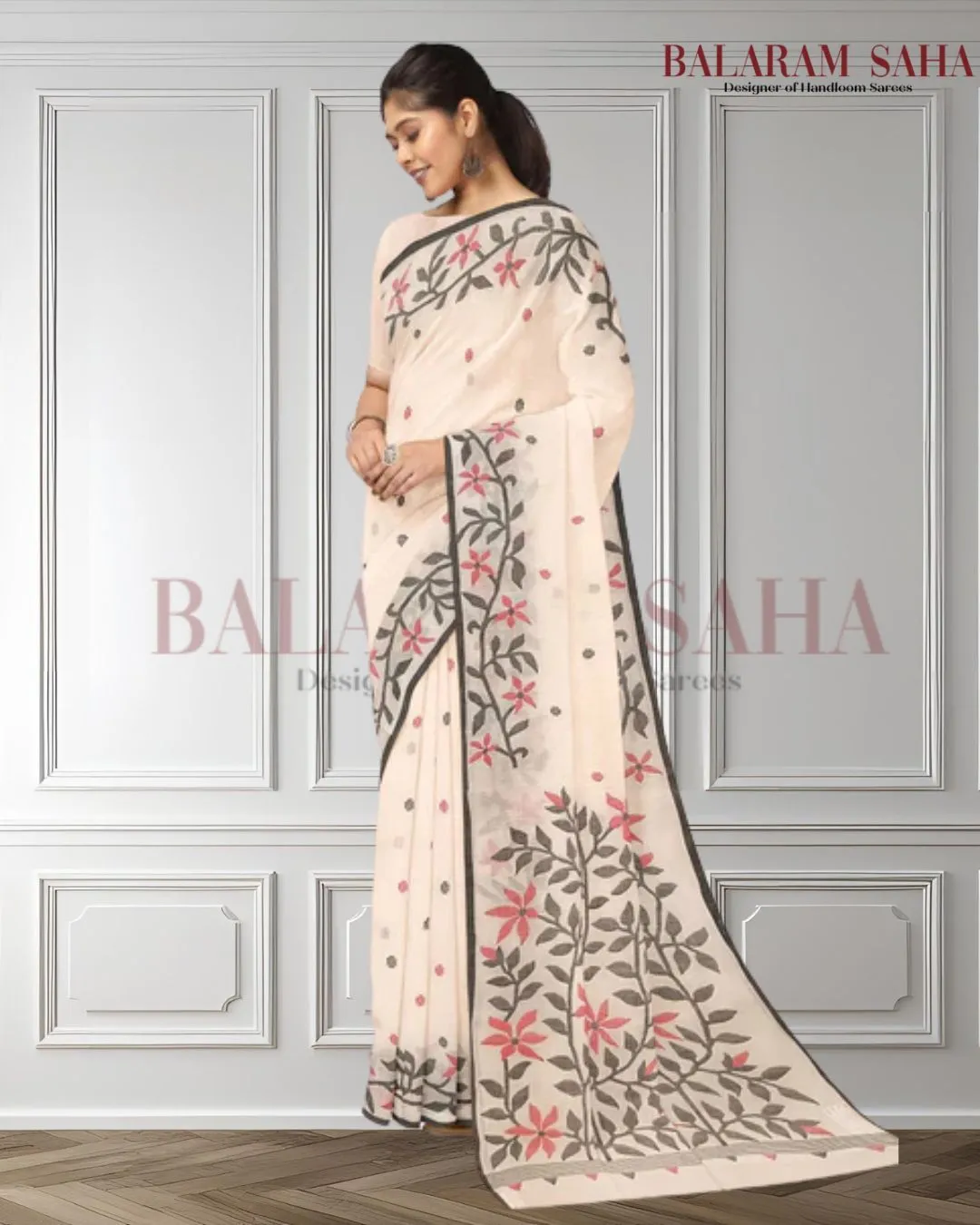 White & Black Handloom Handwoven Jamdani Saree