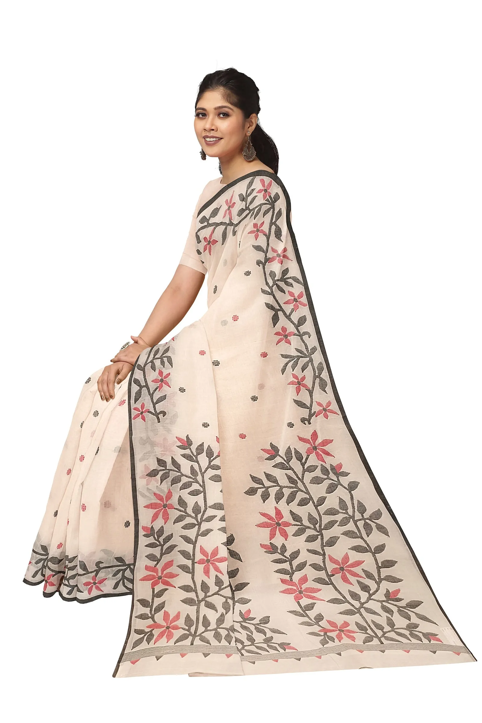 White & Black Handloom Handwoven Jamdani Saree