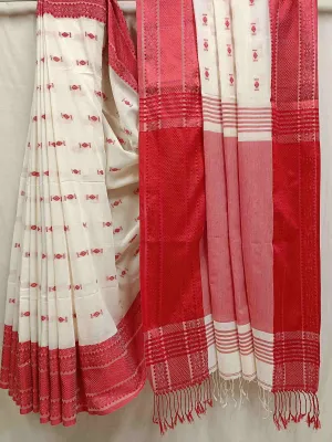 White & Red Fine Quality  Handloom Cotton Saree