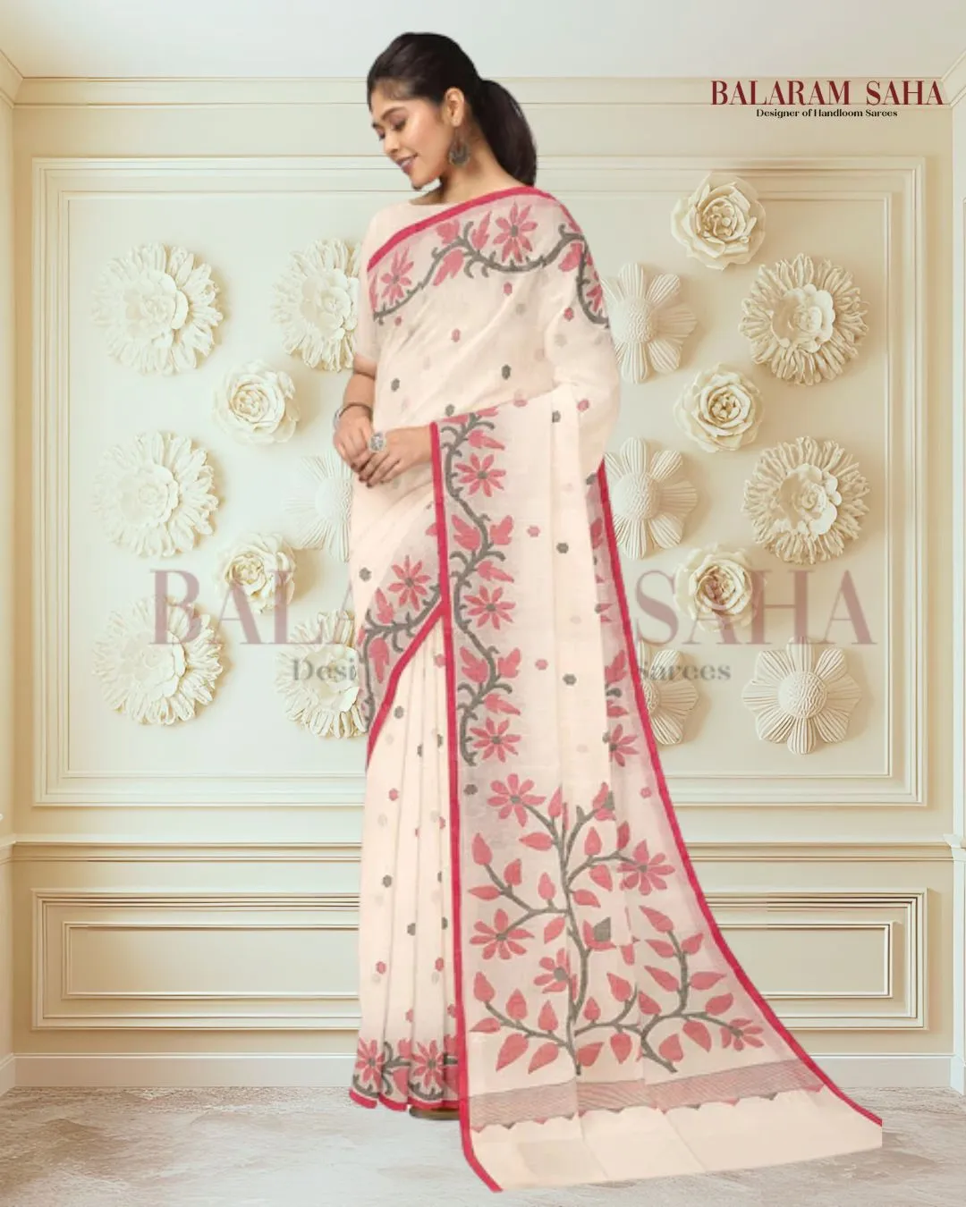 WHITE & RED HANDLOOM HANDWOVEN JAMDANI SAREE