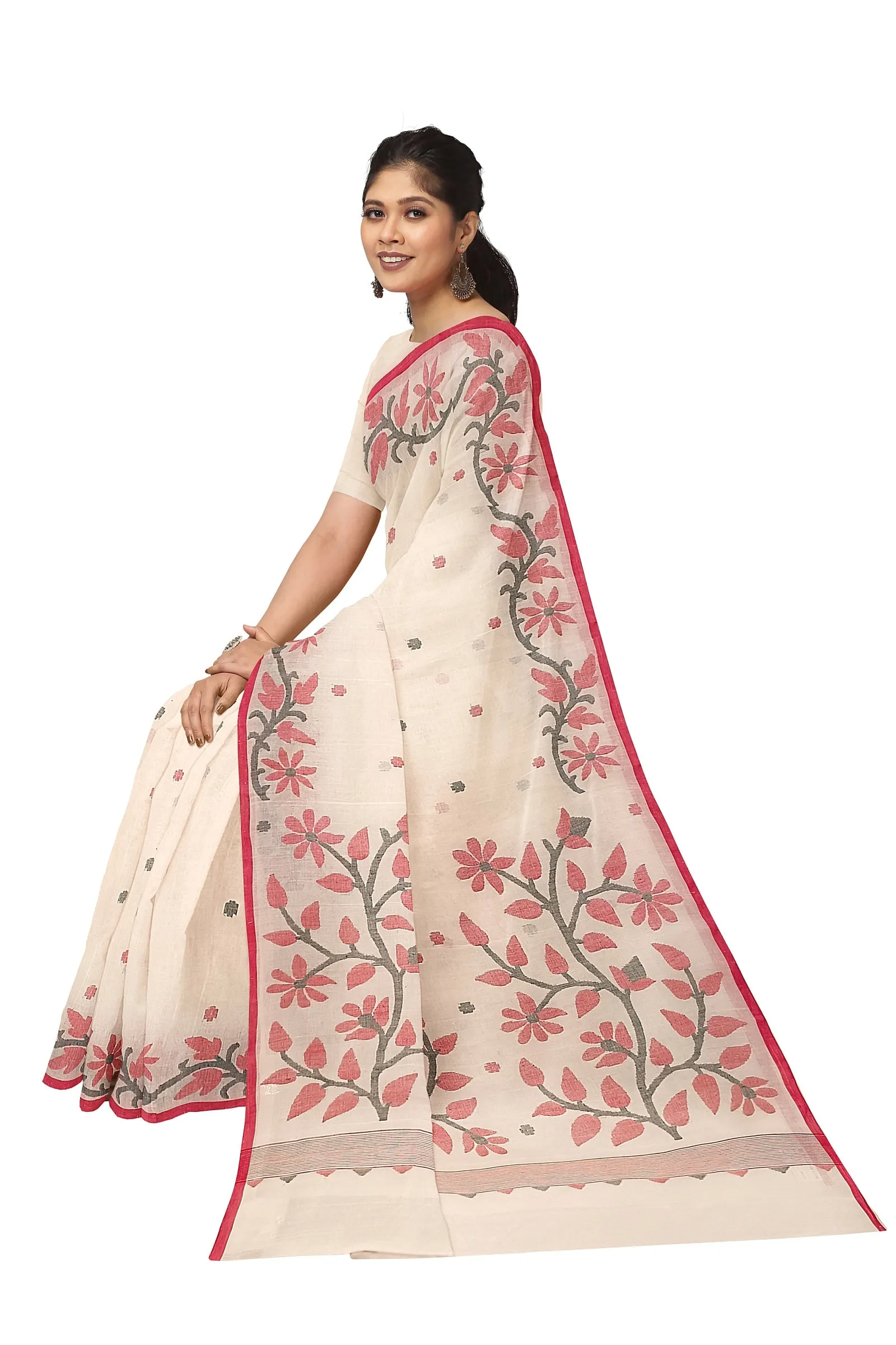 WHITE & RED HANDLOOM HANDWOVEN JAMDANI SAREE