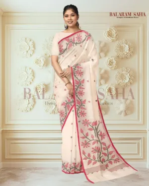 WHITE & RED HANDLOOM HANDWOVEN JAMDANI SAREE