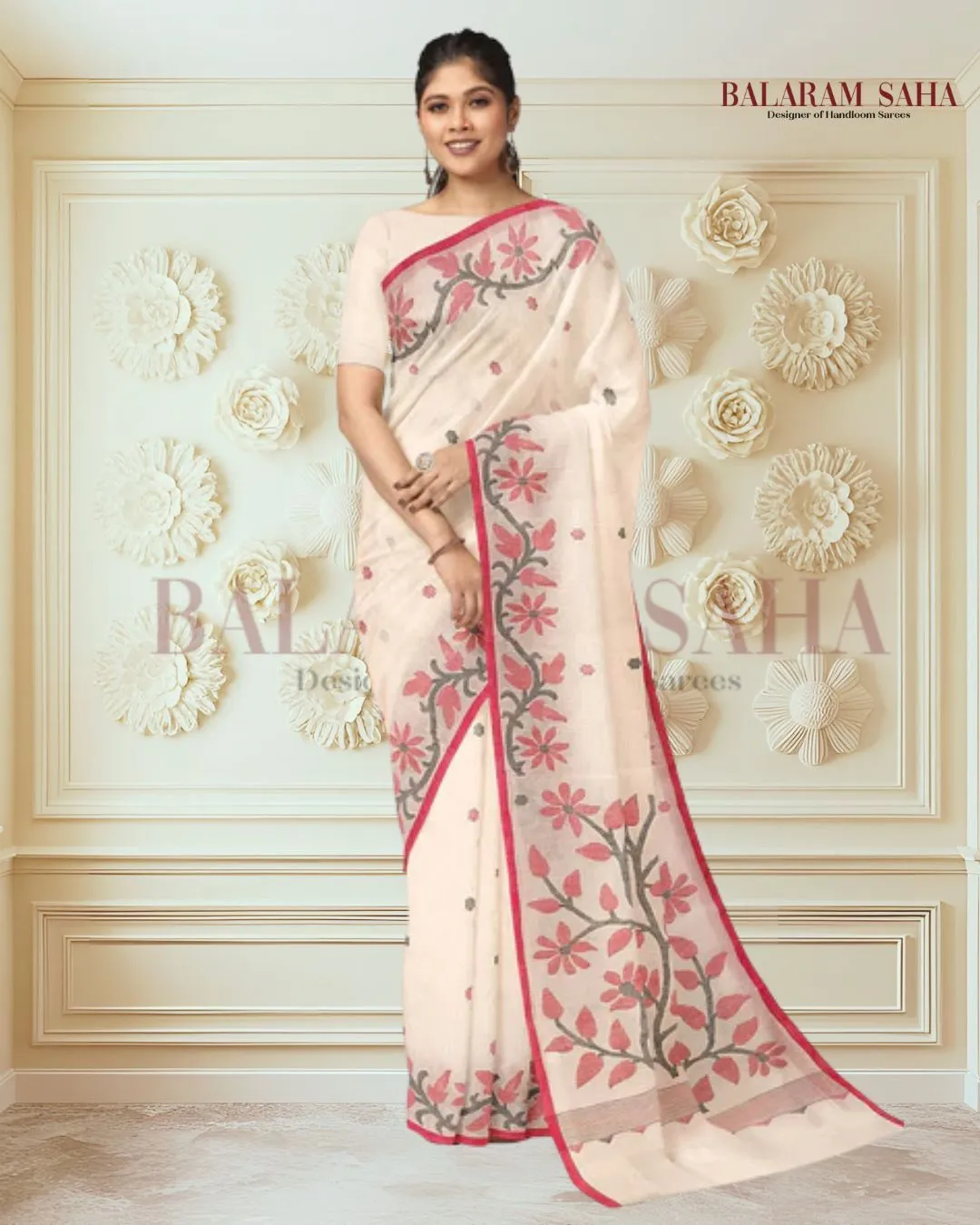 WHITE & RED HANDLOOM HANDWOVEN JAMDANI SAREE