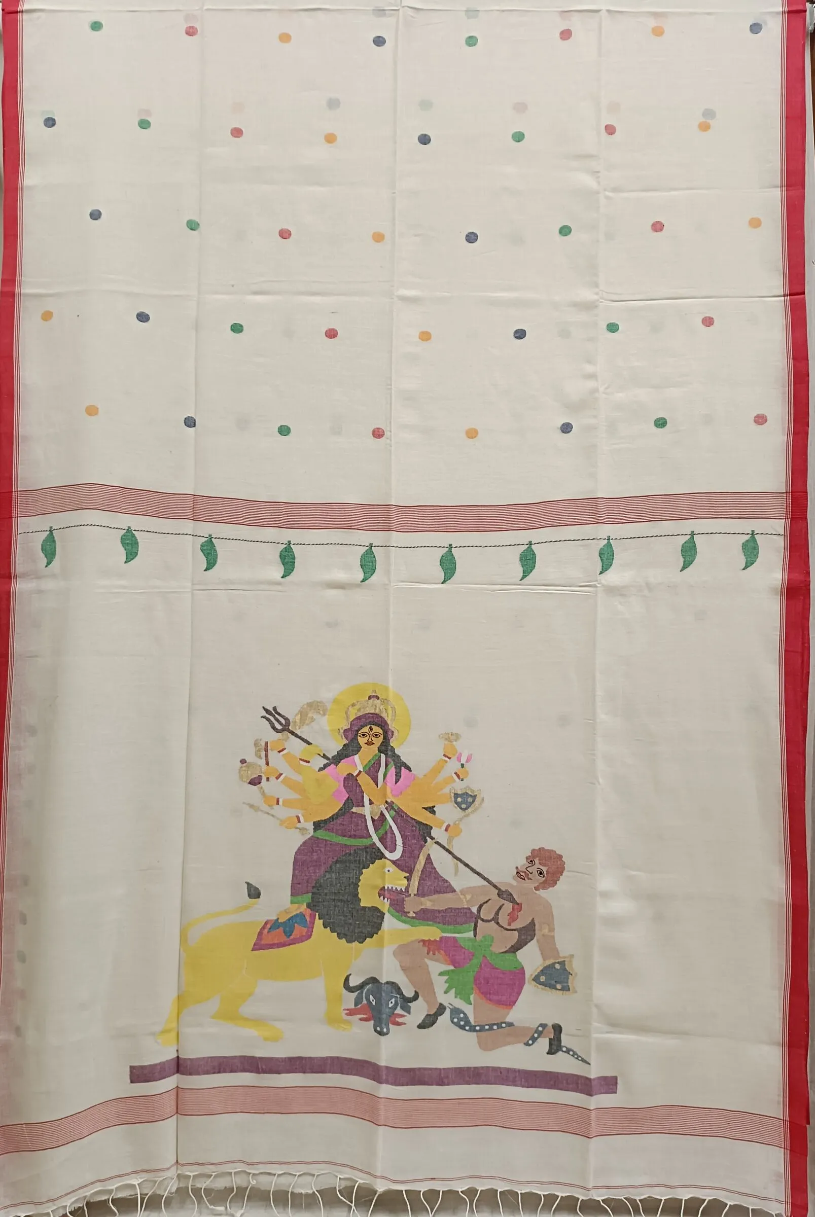 White & Red Handspun Handwoven Jamdani Saree ( Maa Durga)