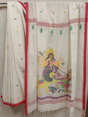 White & Red Handspun Handwoven Jamdani Saree ( Maa Durga)