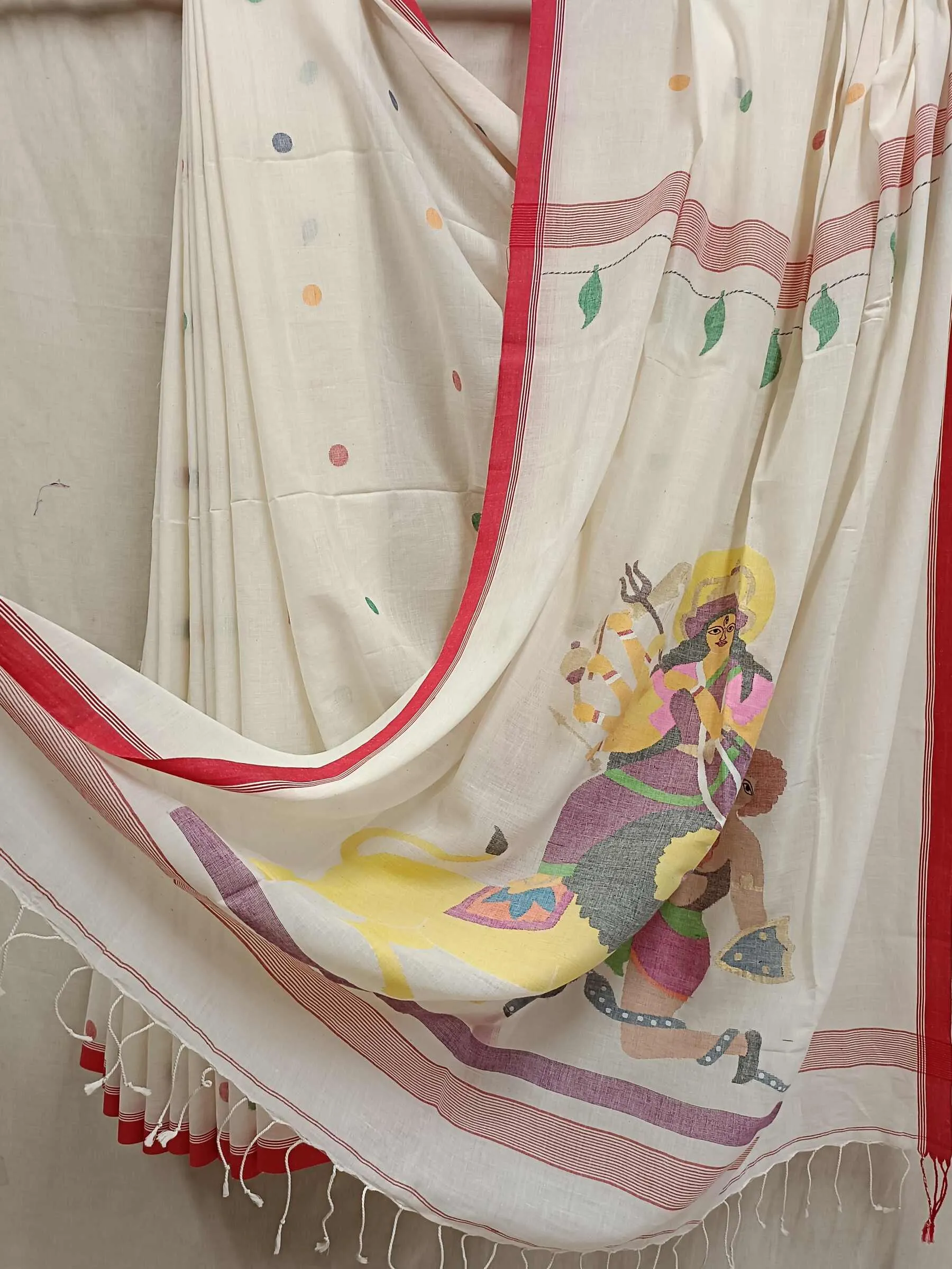 White & Red Handspun Handwoven Jamdani Saree ( Maa Durga)