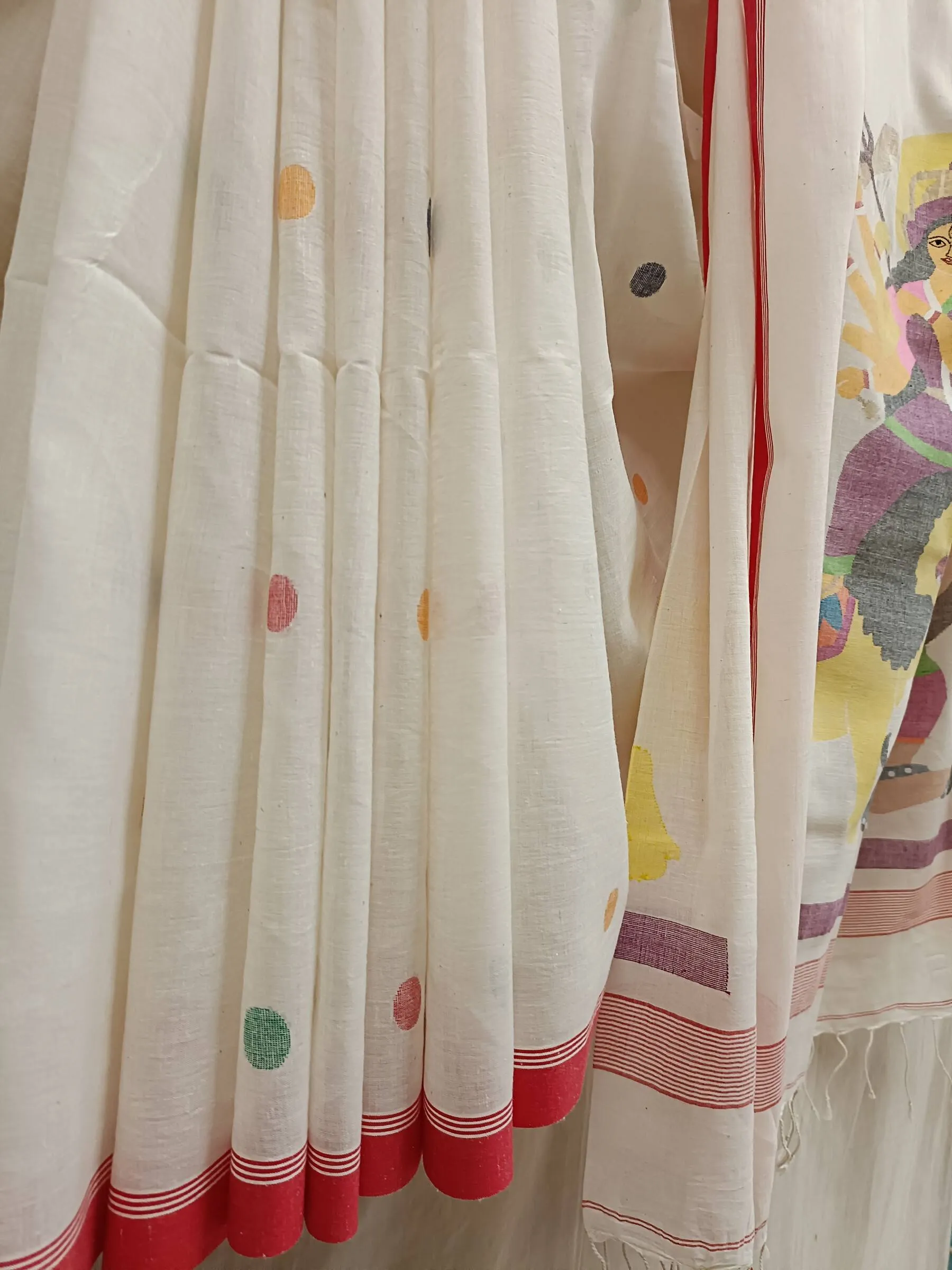 White & Red Handspun Handwoven Jamdani Saree ( Maa Durga)