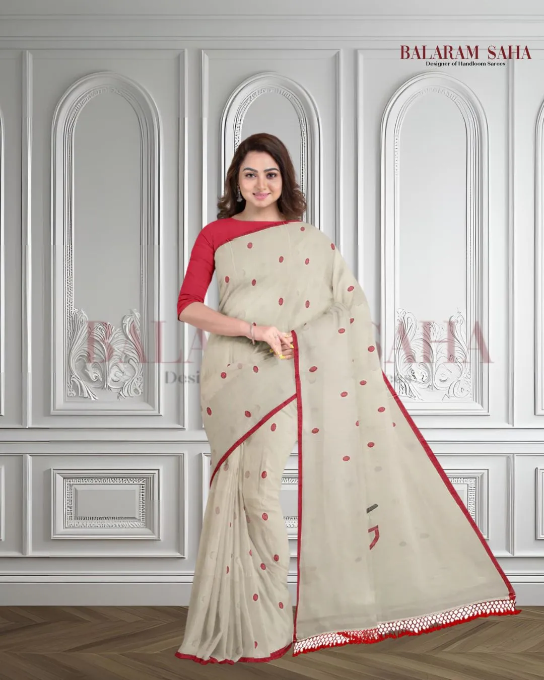 White & Red Soft Cotton Woven Jamdani saree
