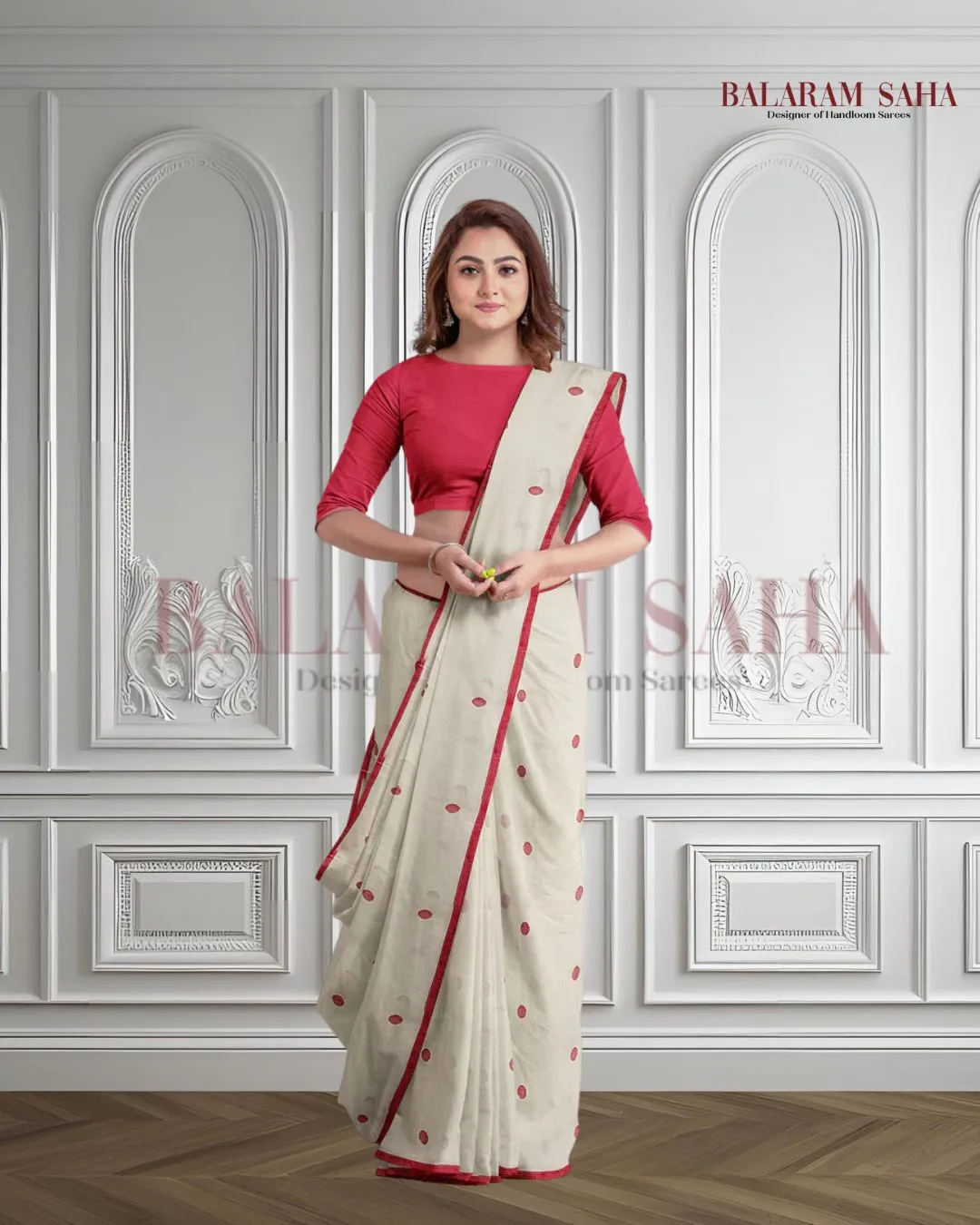 White & Red Soft Cotton Woven Jamdani saree