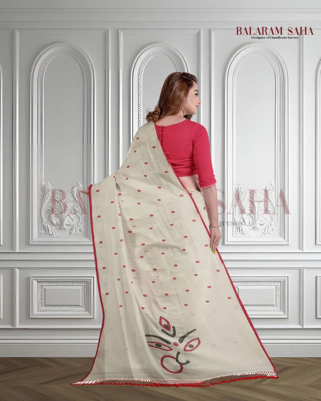 White & Red Soft Cotton Woven Jamdani saree
