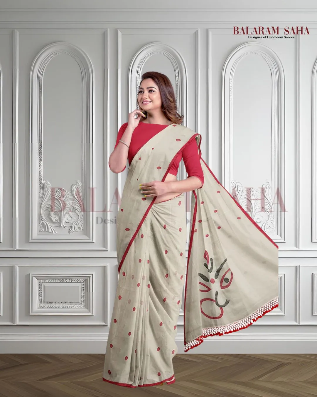 White & Red Soft Cotton Woven Jamdani saree
