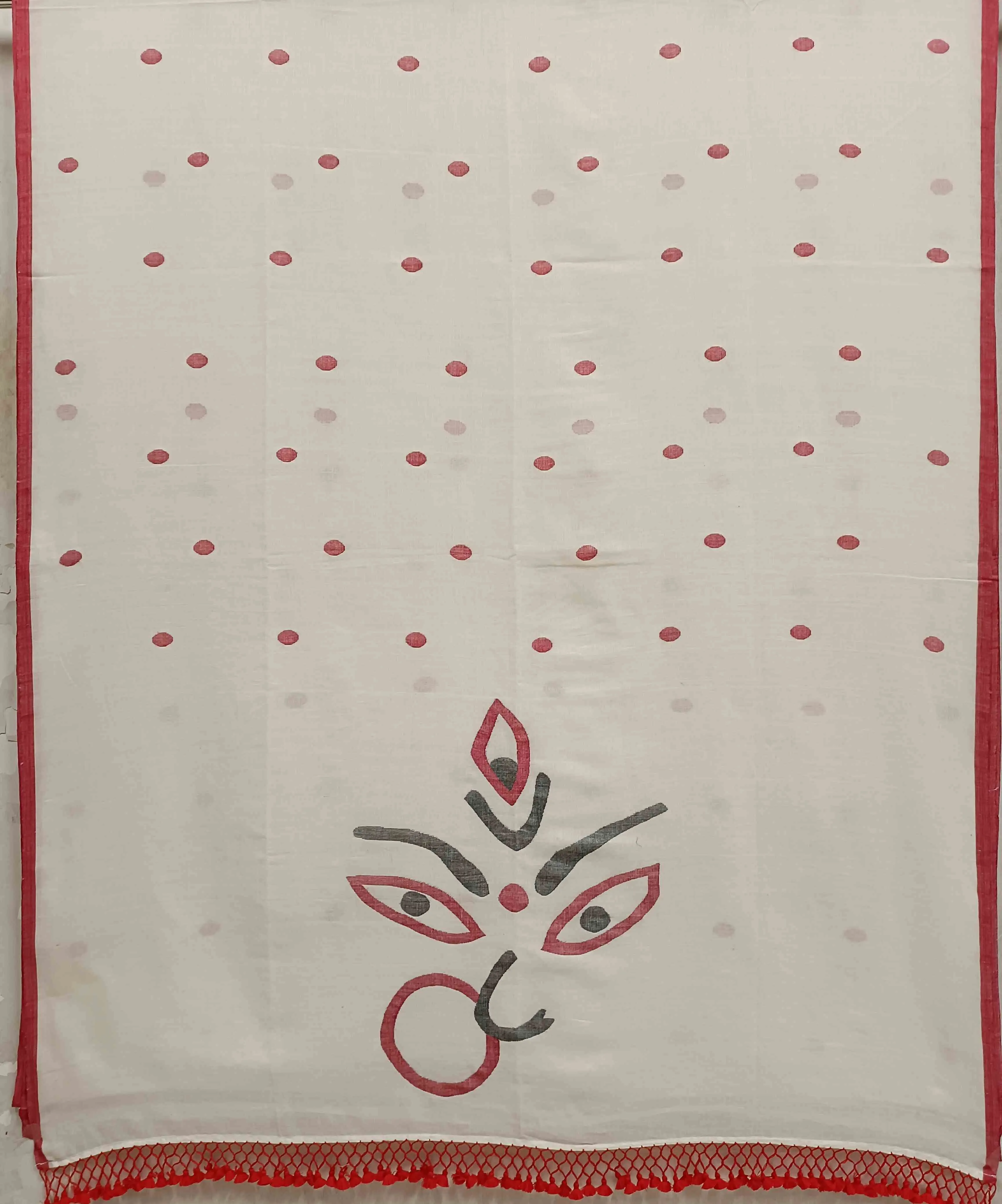 White & Red Soft Cotton Woven Jamdani saree