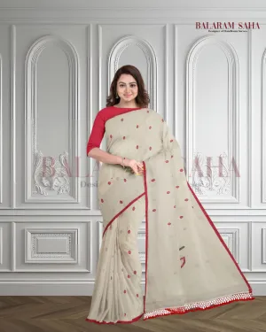 White & Red Soft Cotton Woven Jamdani saree