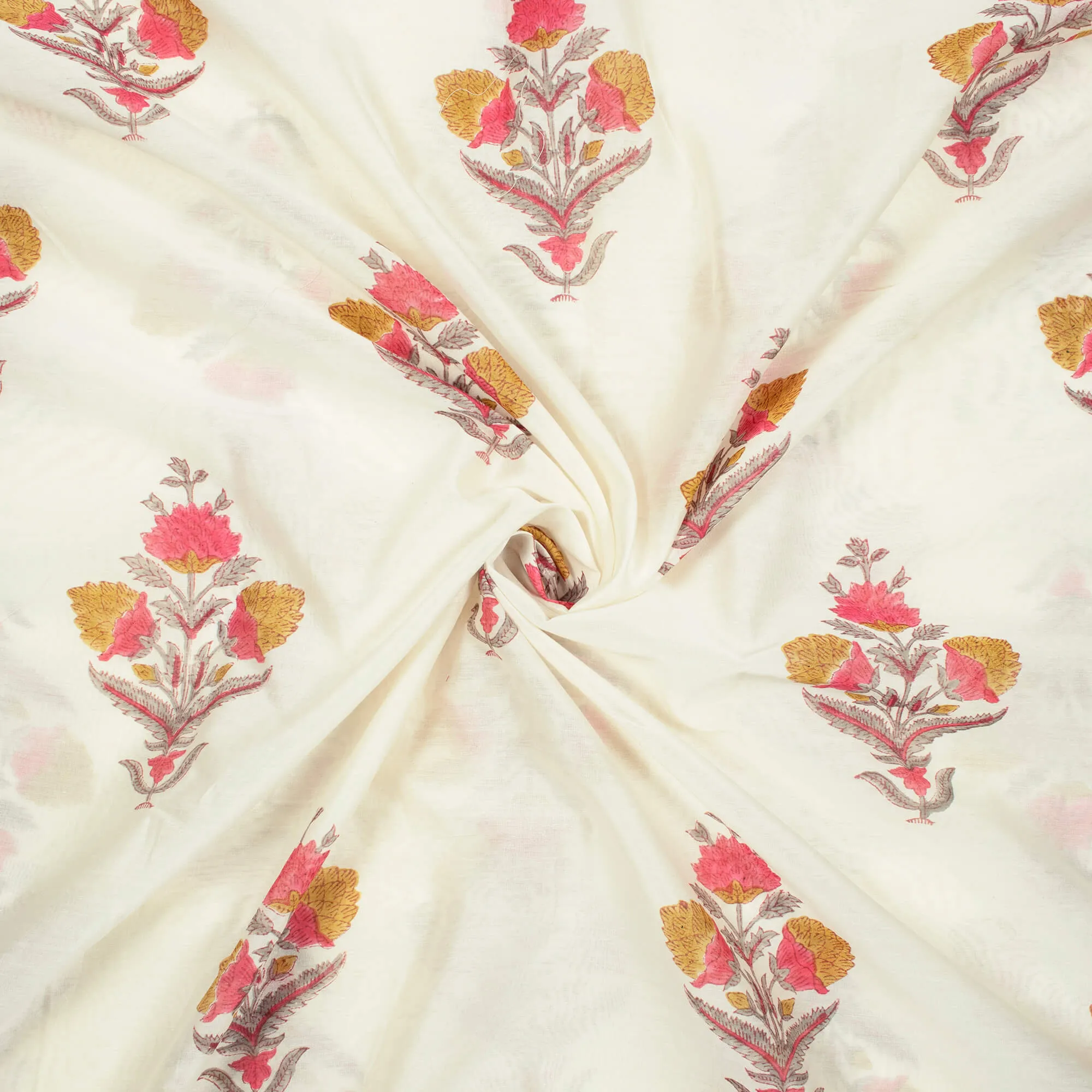 White And Tortilla Beige Floral Pattern Handblock Pure Banarasi Chanderi Fabric