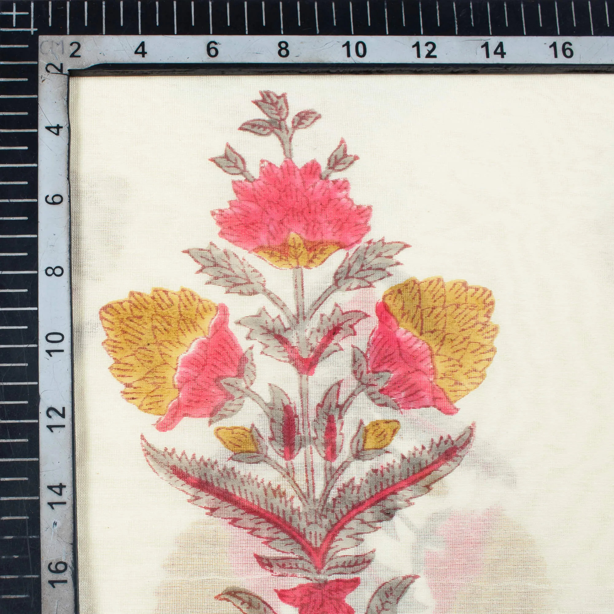 White And Tortilla Beige Floral Pattern Handblock Pure Banarasi Chanderi Fabric