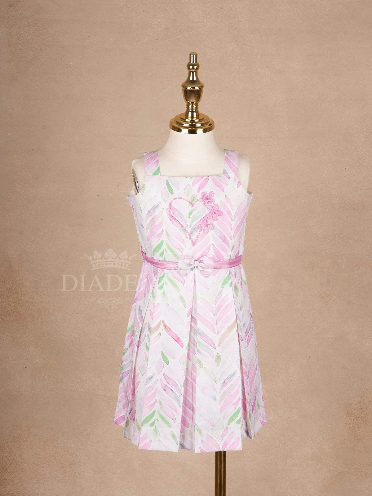 White Cotton Frock Adorned with Floral and Leaves Pattern and Sleeveless for Girls