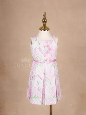 White Cotton Frock Adorned with Floral and Leaves Pattern and Sleeveless for Girls