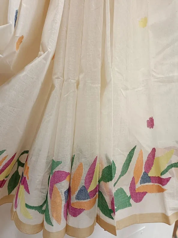 White on Multicolor Handwoven Traditional  Cotton Jamadni Saree