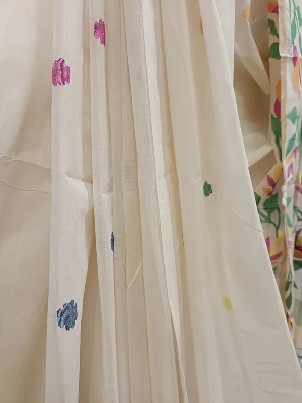 White on Multicolor Handwoven Traditional  Cotton Jamadni Saree