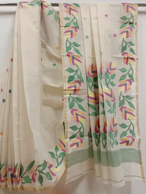 White on Multicolor Handwoven Traditional  Cotton Jamadni Saree