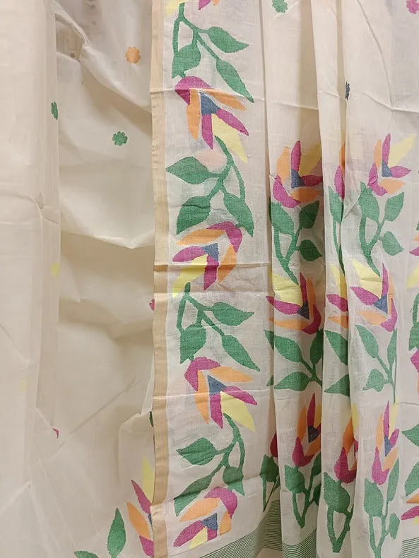 White on Multicolor Handwoven Traditional  Cotton Jamadni Saree