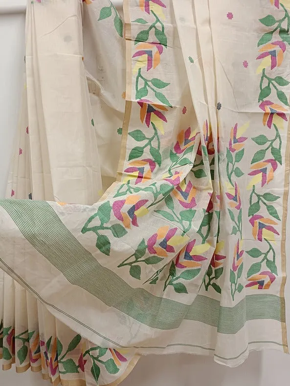 White on Multicolor Handwoven Traditional  Cotton Jamadni Saree