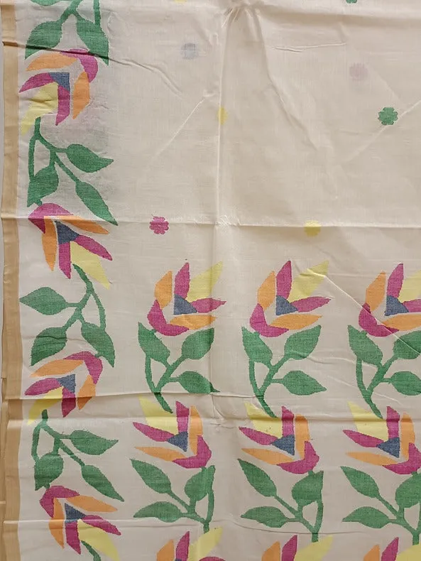 White on Multicolor Handwoven Traditional  Cotton Jamadni Saree