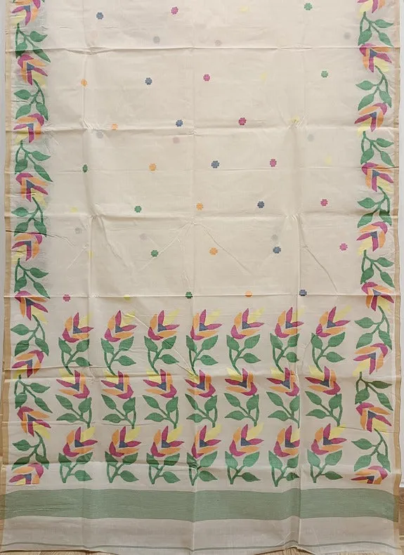 White on Multicolor Handwoven Traditional  Cotton Jamadni Saree