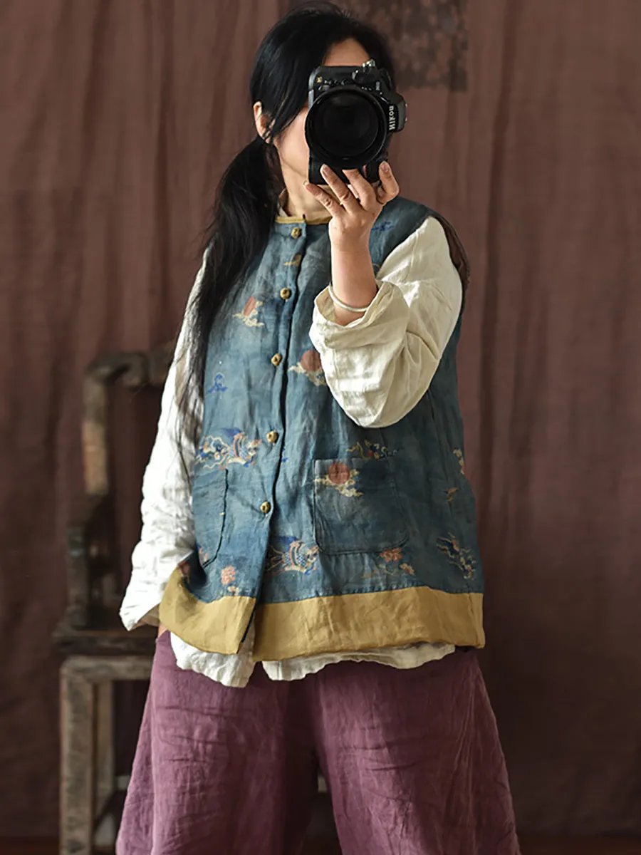 Women Ethnic Flower Print Spliced Warm Vest Coat