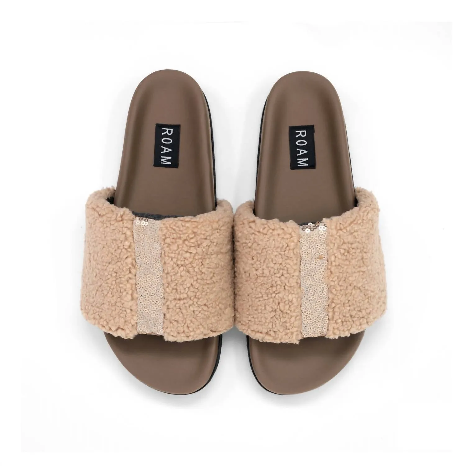 Women's Fuzzy Pailette Slider In Beige Faux Sherling