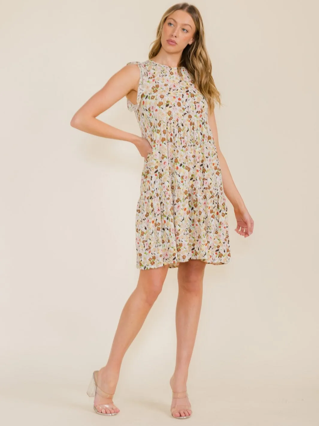 WOMEN'S RUFFLE SLEEVE FLORAL PRINT TUNIC HIGH-LOW FRONT POCKETS MINI DRESS