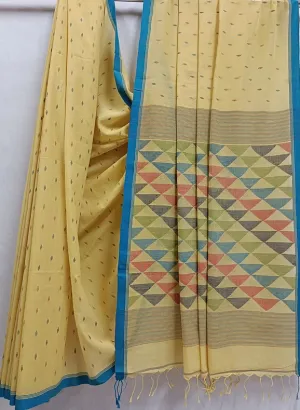 Yellow & Blue Soft Handloom Handspun Cotton Jamdani Saree