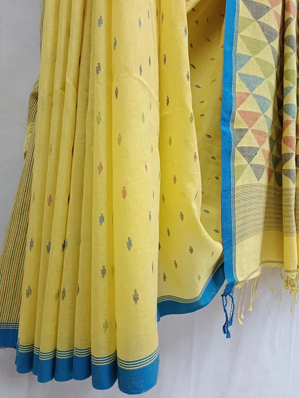 Yellow & Blue Soft Handloom Handspun Cotton Jamdani Saree