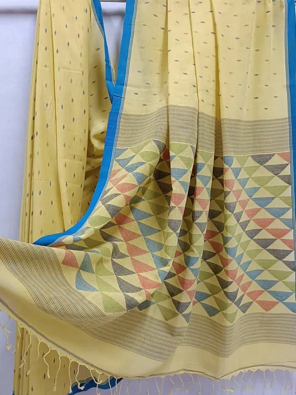 Yellow & Blue Soft Handloom Handspun Cotton Jamdani Saree