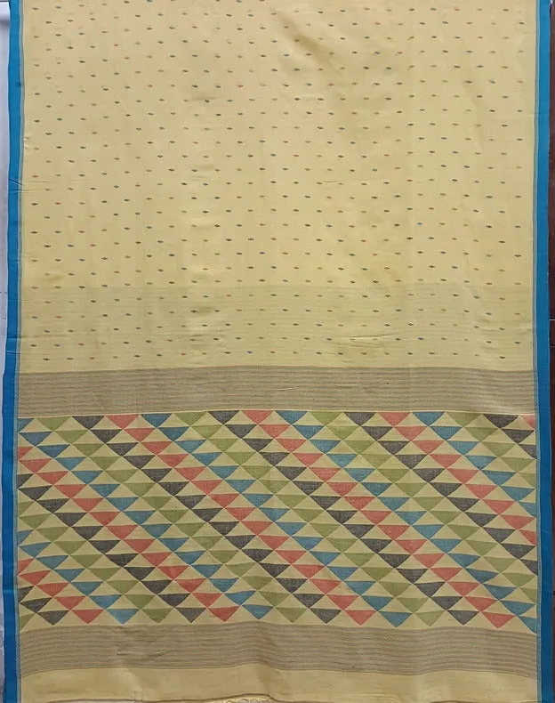 Yellow & Blue Soft Handloom Handspun Cotton Jamdani Saree