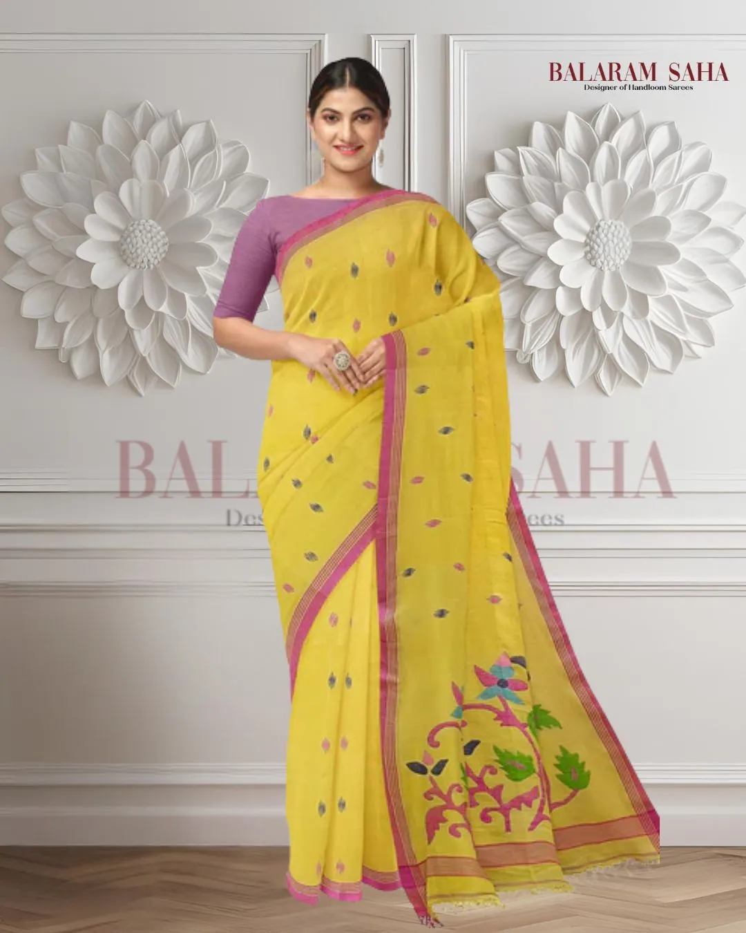 Yellow & pink Soft Cotton Handwoven Jamdani Saree