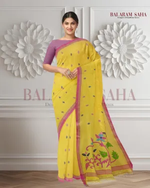 Yellow & pink Soft Cotton Handwoven Jamdani Saree