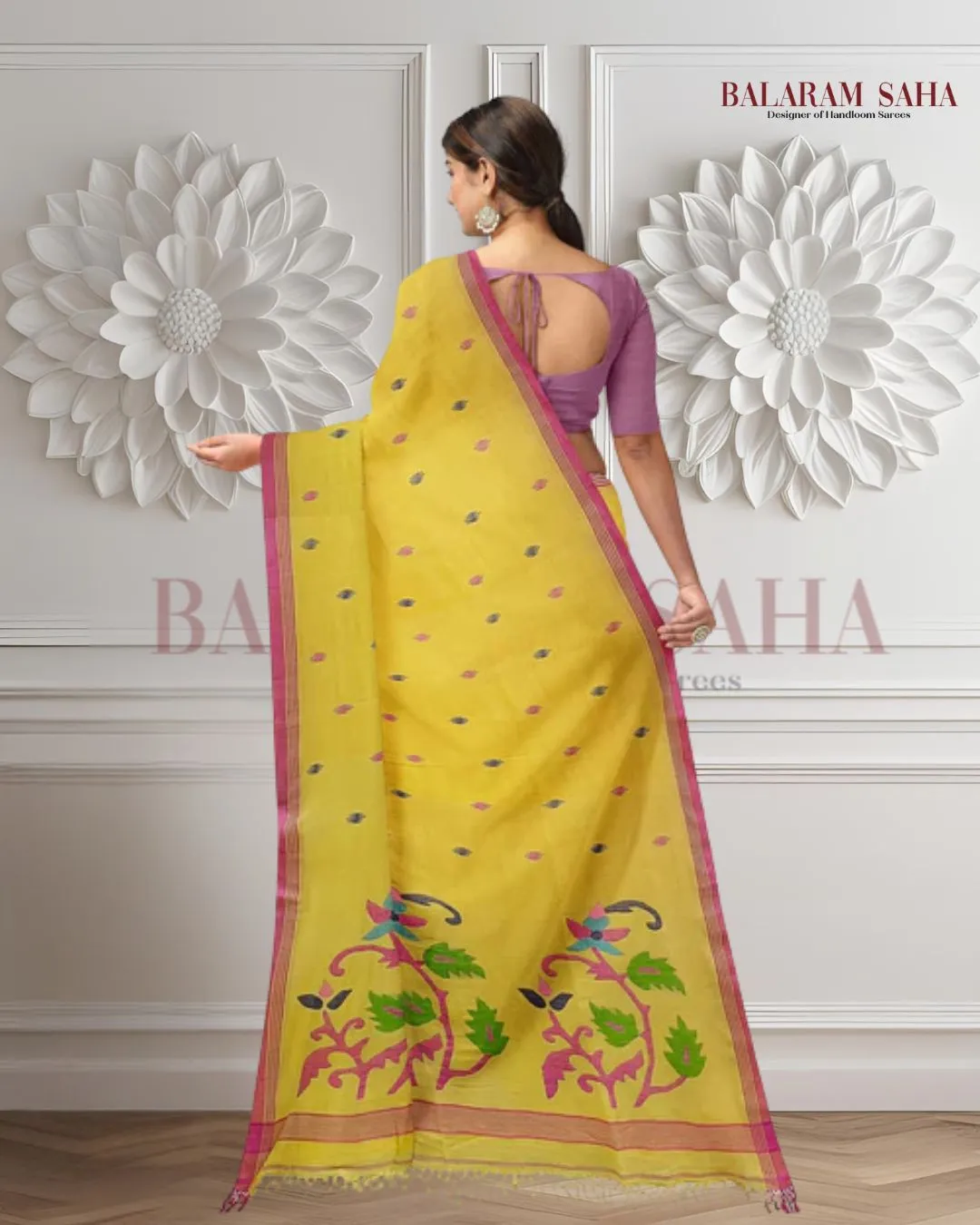 Yellow & pink Soft Cotton Handwoven Jamdani Saree