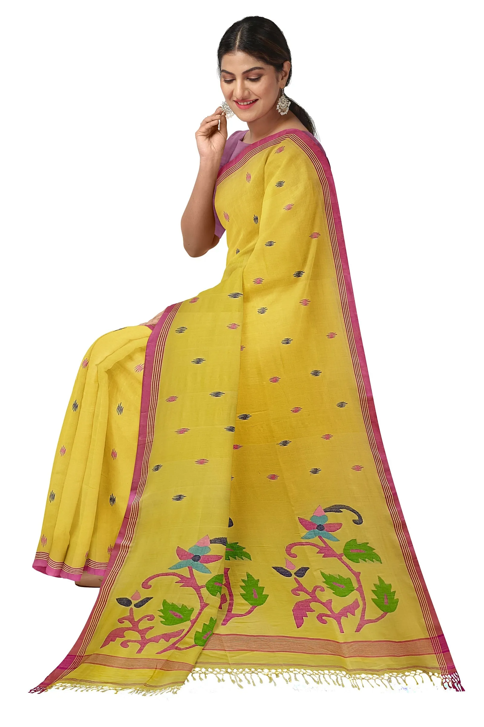 Yellow & pink Soft Cotton Handwoven Jamdani Saree
