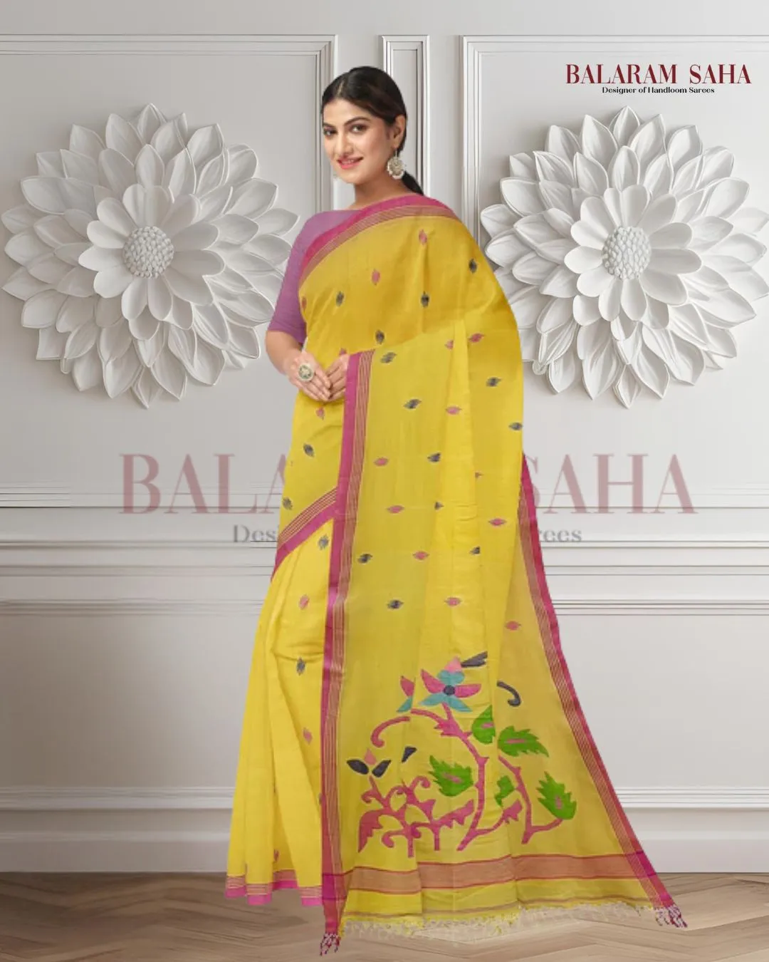 Yellow & pink Soft Cotton Handwoven Jamdani Saree