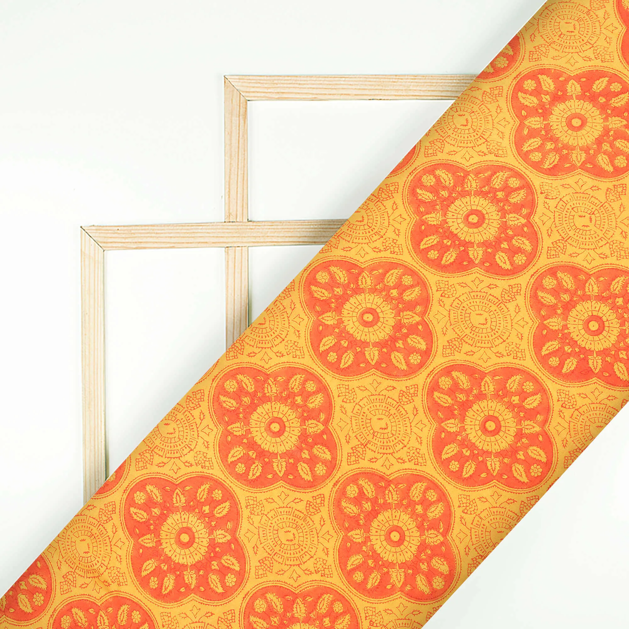 Yellow And Orange Traditional Pattern Handblock Pure Banarasi Chanderi Fabric