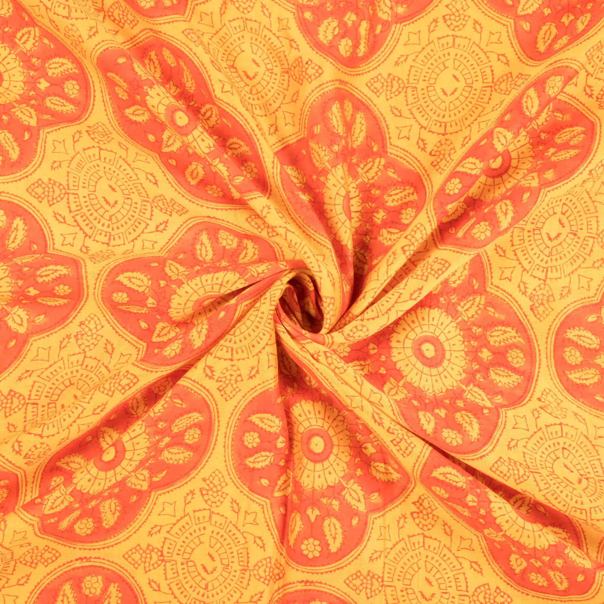 Yellow And Orange Traditional Pattern Handblock Pure Banarasi Chanderi Fabric
