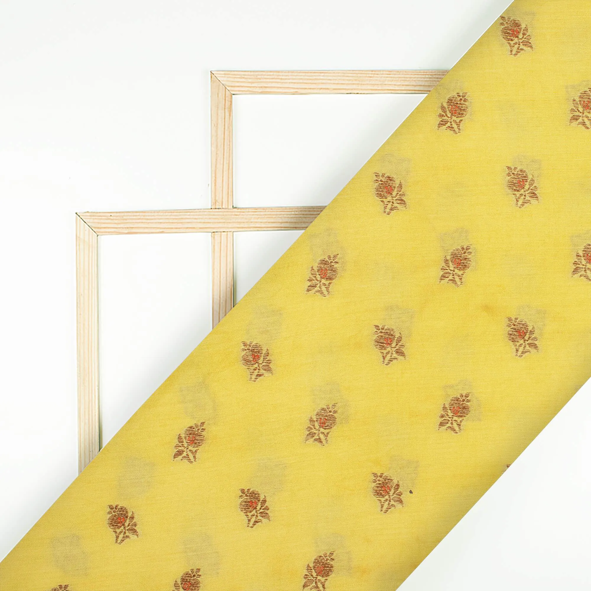 Yellow Booti Pattern Zari Jacquard Pure Banarasi Chanderi Fabric