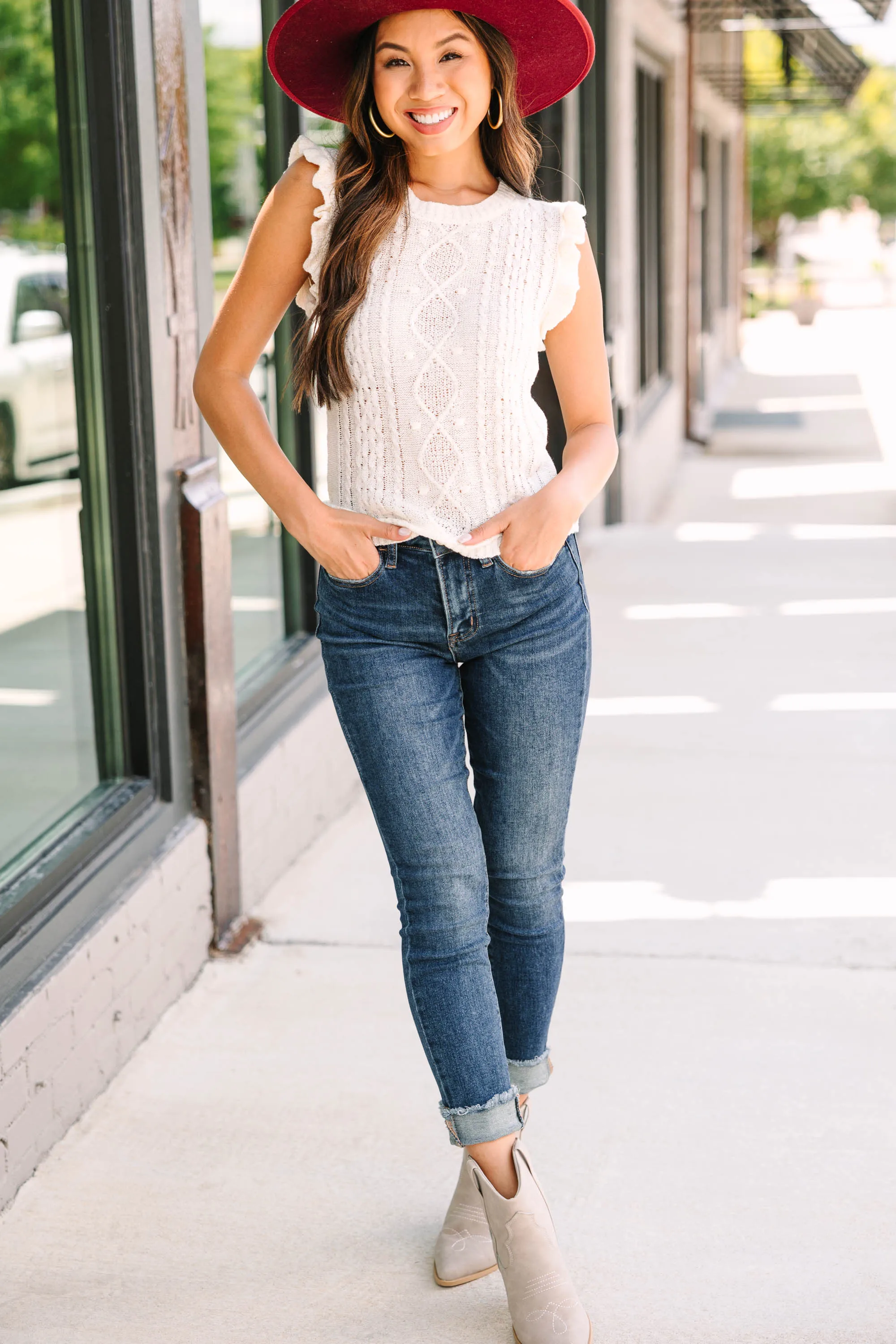 Your Way Oatmeal White Cable Knit Tank